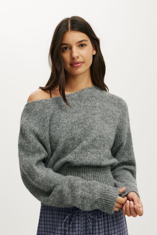 Fluffy off the shoulder knit - mid grey marle