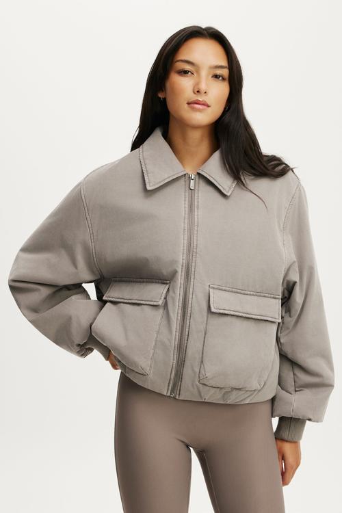 Collared Soft Touch Bomber - Washed Desert Grey