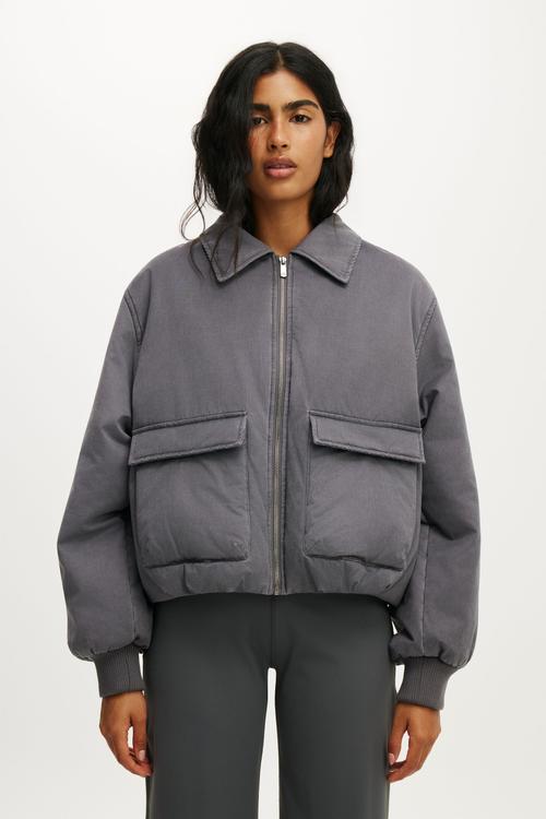 Collared Soft Touch Bomber - Washed Violet Grey