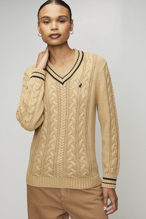 Wmn Jane Long sleeve V-Neck Cable Knit - Camel