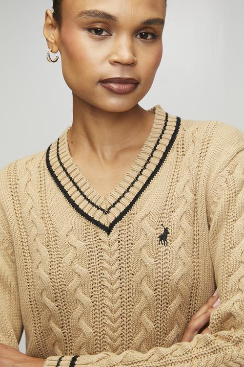 Wmn Jane Long sleeve V-Neck Cable Knit - Camel