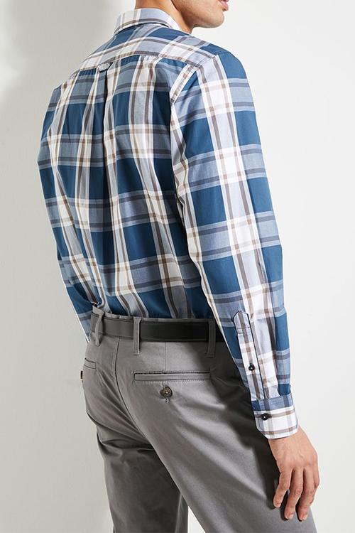 Mens Easy Care Check Long Sleeve Shirt - Blue