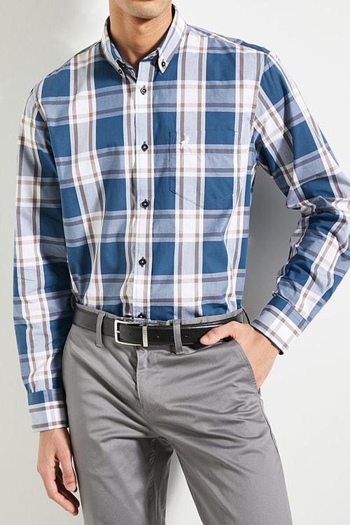Mens Easy Care Check Long Sleeve Shirt - Blue