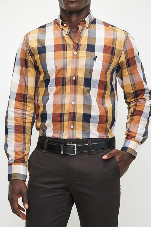 Mens Easy Care Bold Check Long sleeve Shirt - Orange