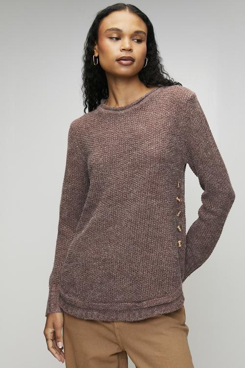 Long Sleeve Waffle Sweater With Side Wood Buttons - Chocolate
