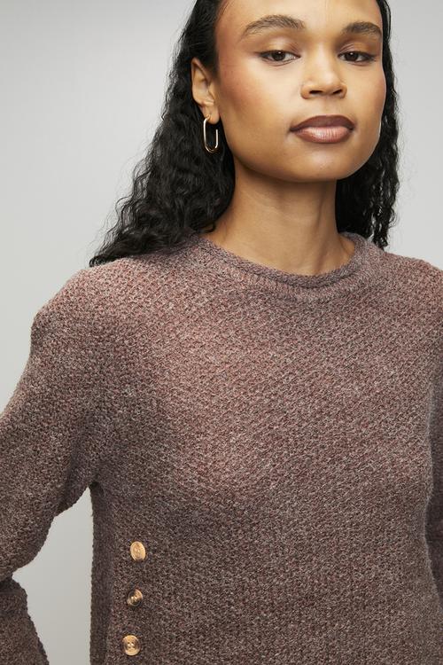Long Sleeve Waffle Sweater With Side Wood Buttons - Chocolate