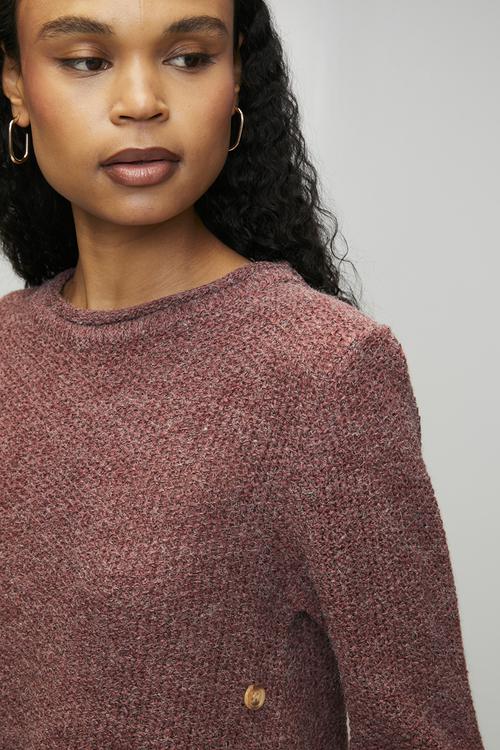 L/S Waffle Sweater With Side Wood Buttons And Scooped Hem - Plum
