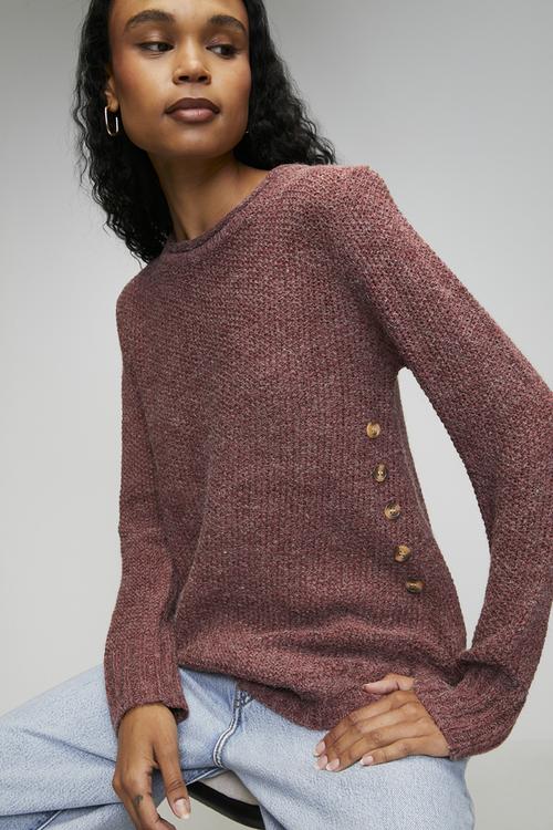 L/S Waffle Sweater With Side Wood Buttons And Scooped Hem - Plum