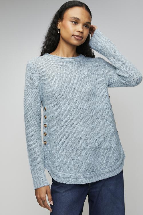 Long Sleeve Waffle Sweater With Side Wood Buttons - Light Blue