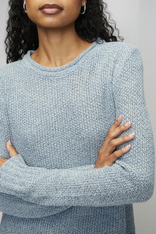 Long Sleeve Waffle Sweater With Side Wood Buttons - Light Blue