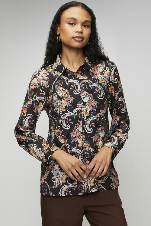 Long sleeve Button Through Sheer Printed Blouse - Multi Black