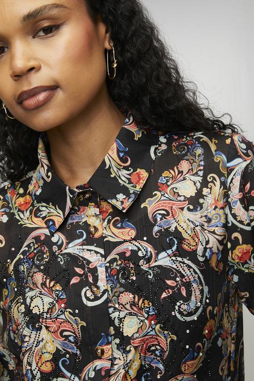 Long sleeve Button Through Sheer Printed Blouse - Multi Black