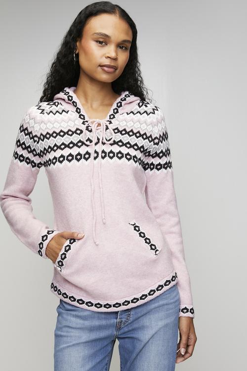 Long sleeve  V-Neck Scoop Hem Hooded Sweater  - Pink