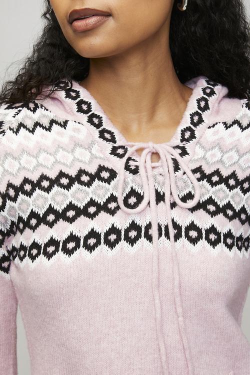 Long sleeve  V-Neck Scoop Hem Hooded Sweater  - Pink