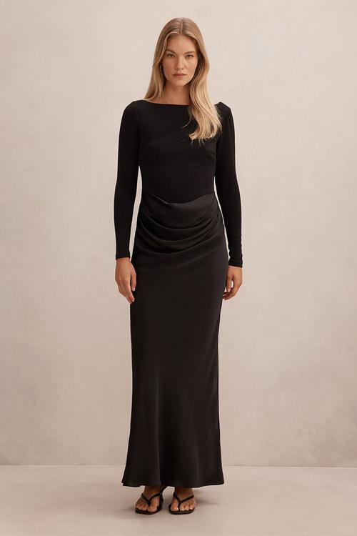 Briella Boat Neck Drape Maxi Dress in Black