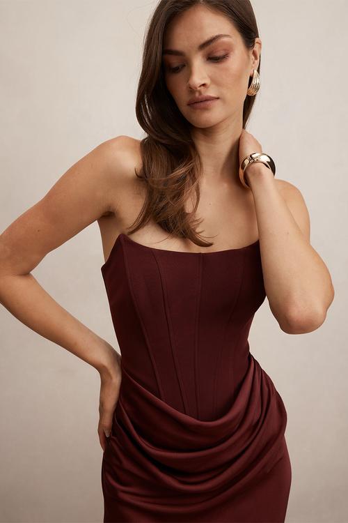 Isra drape strapless maxi dress in vintage merlot
