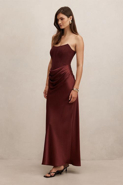 Isra drape strapless maxi dress in vintage merlot