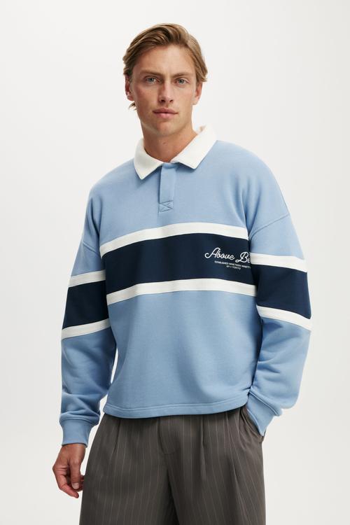Cropped Fit Graphic Fleece Polo - Riviera Blue/Vintage White/Society