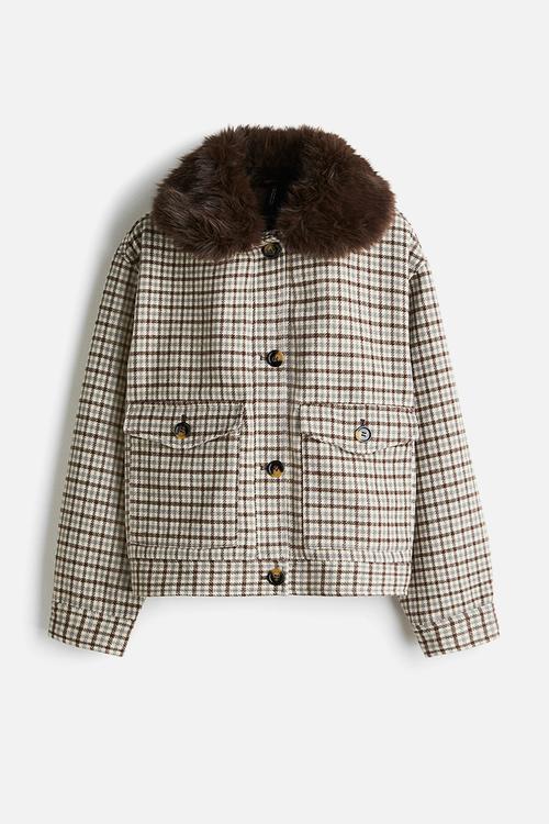 Fluffy-collar twill jacket - light beige/checked