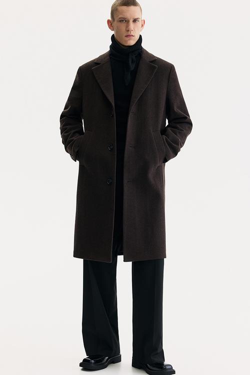 Single-breasted wool-blend coat - dark brown