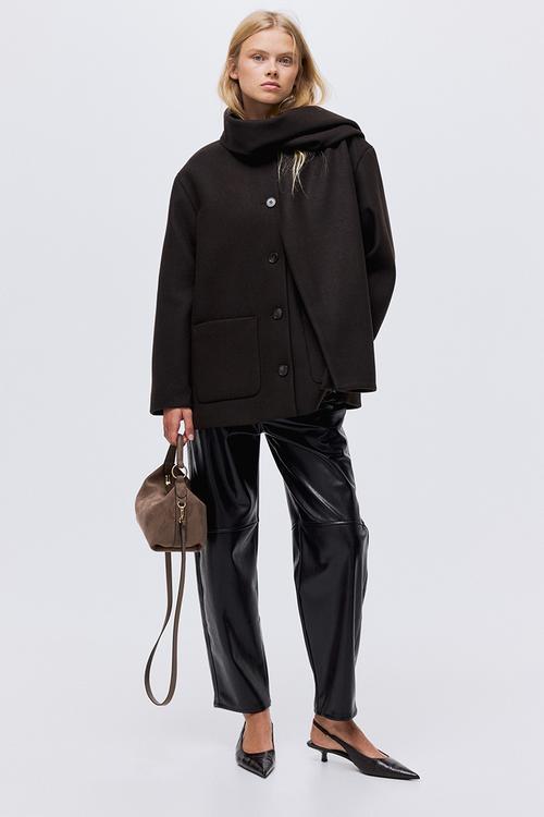 Scarf-detail coat - dark brown