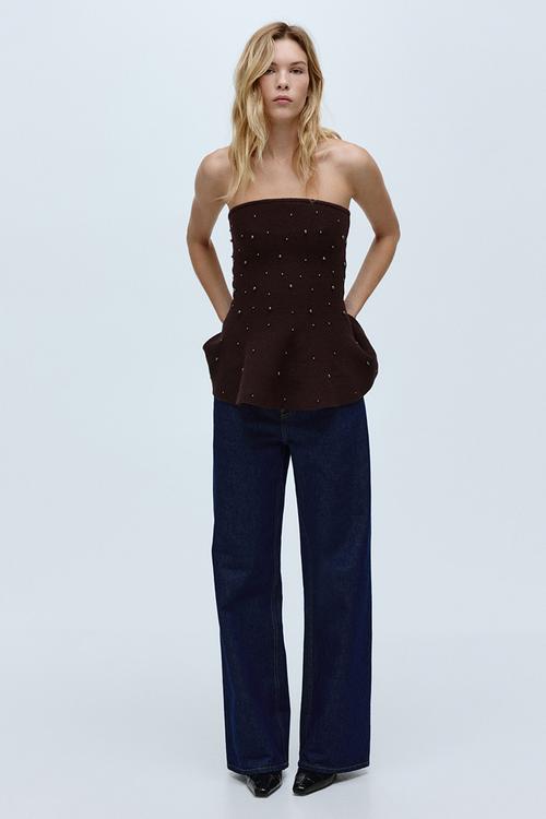Bead-embellished bandeau top - dark plum purple