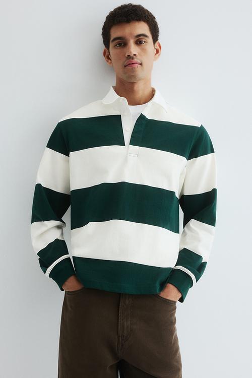 Regular fit cotton rugby shirt - dark green/white