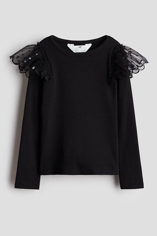 Tulle-detail cotton top - black