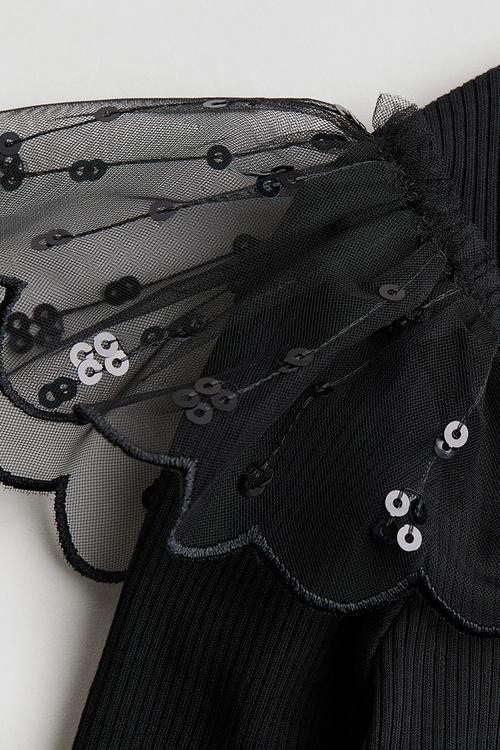 Tulle-detail cotton top - black