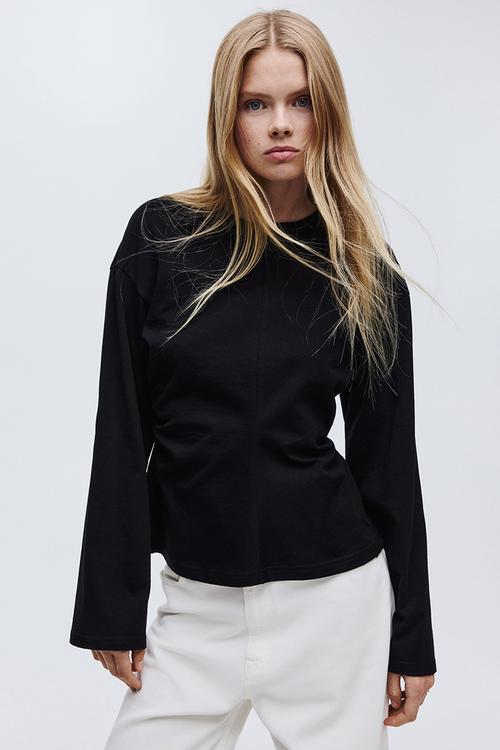Gathered cotton jersey top - black
