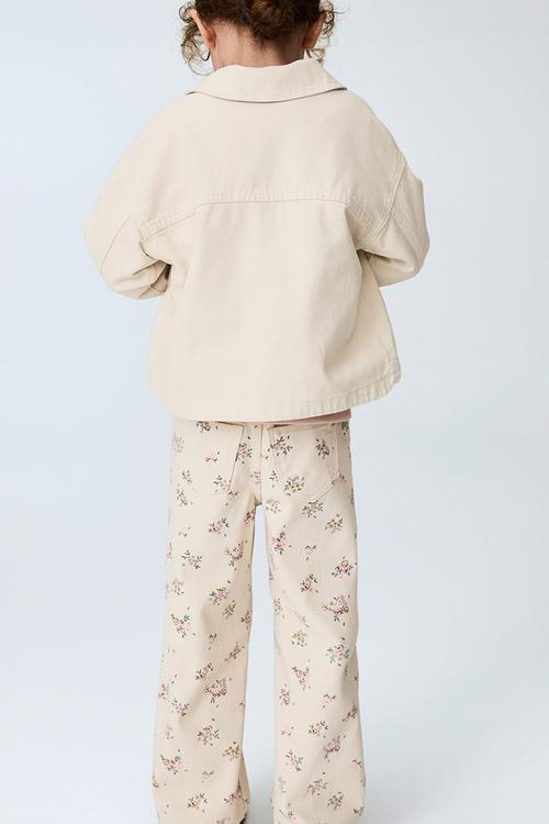 Wide patterned twill trousers - light beige/floral