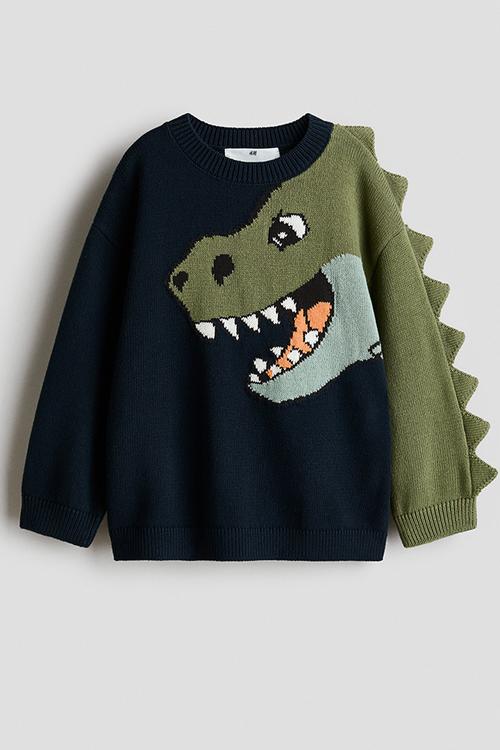 Appliqu?d cotton jumper - navy blue/dinosaur