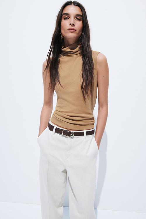 Fine-knit sleeveless polo-neck top - beige