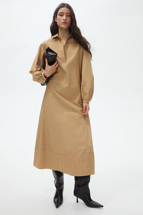 Collared midi dress - beige/checked