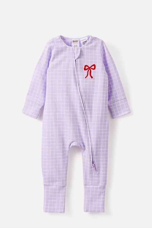 Growie Long Sleeve Zip Romp/Vintage Lilac/Bow Grid