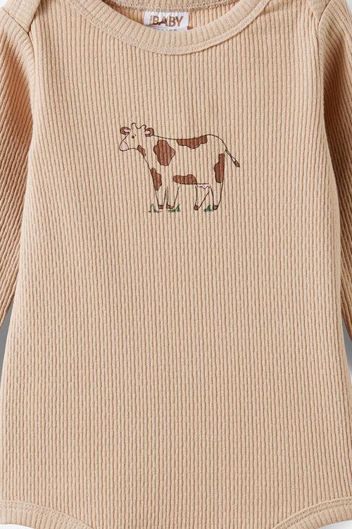 Organic Pointelle Long Sleeve Bubbysuit - Latte Cream/Medow Mornings Cow