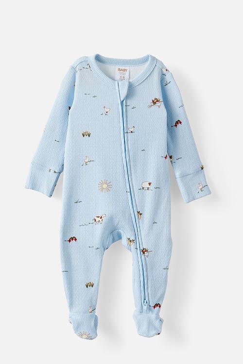 Organic Pointelle Zip Romper - Blue Whispers/Meadow Mornings