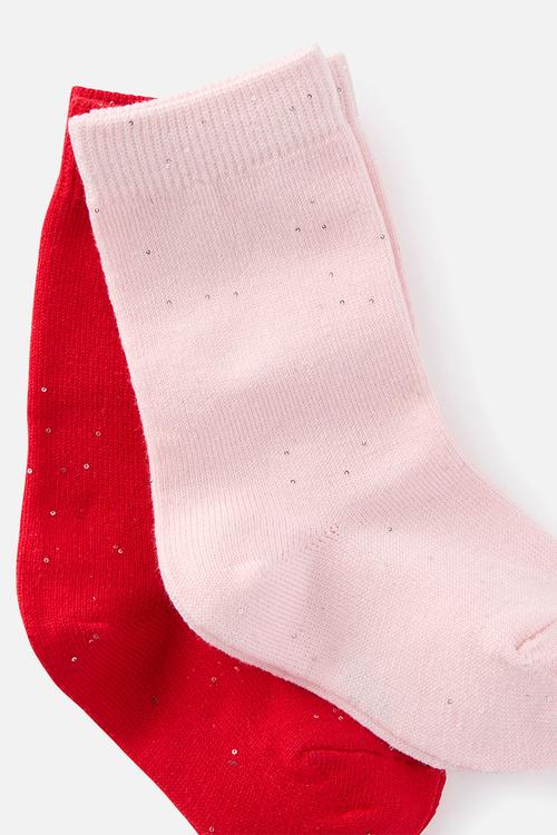 Kids 2Pk Longline Crew Socks - Tea Party Pink/Varsity Red Sequin