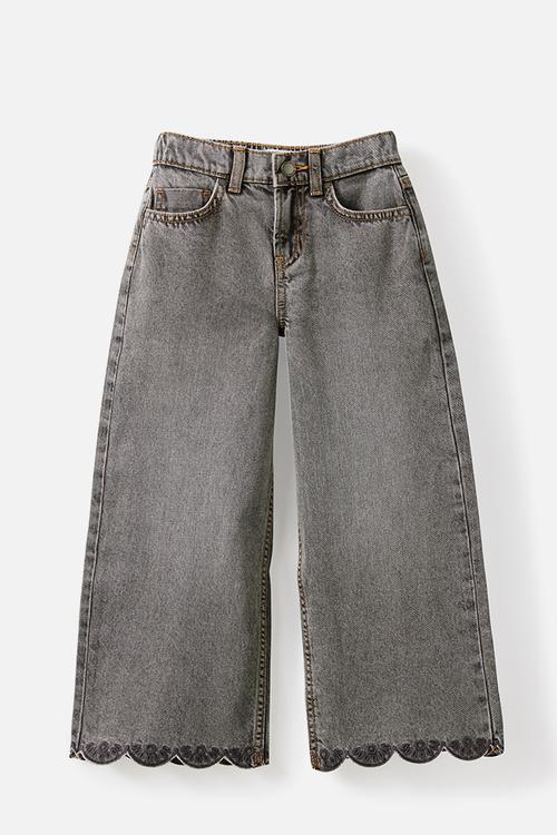 Super Wide Leg Denim Jean - Manly Mid Grey/Broderie
