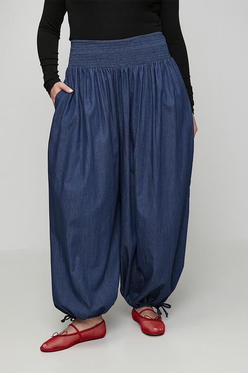 Plus Balloon Drawstring Denim Pants - Blue