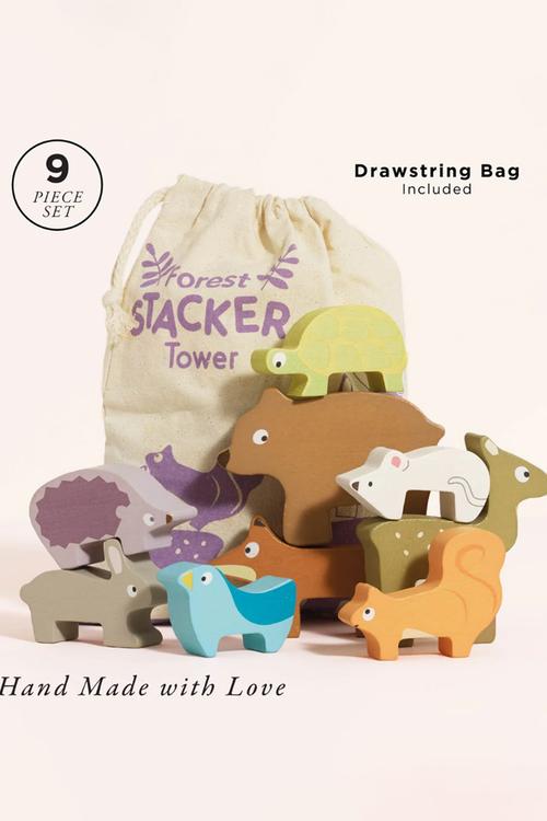 Wooden Woodland Stacking Forest Animals & Bag 10pcs - multi