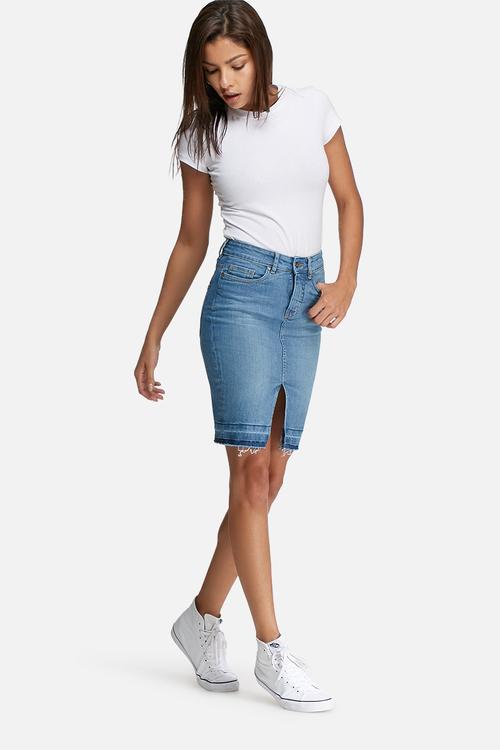 Raw hem denim pencil skirt