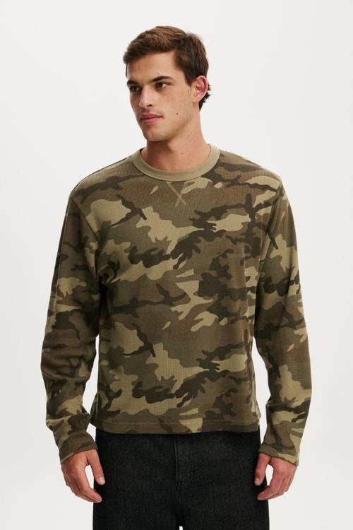 Cropped Fit Textured Long Sleeve - Camo Waffle