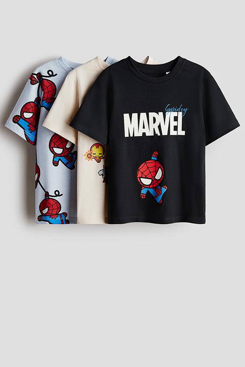 3-pack printed t-shirts - light blue/marvel