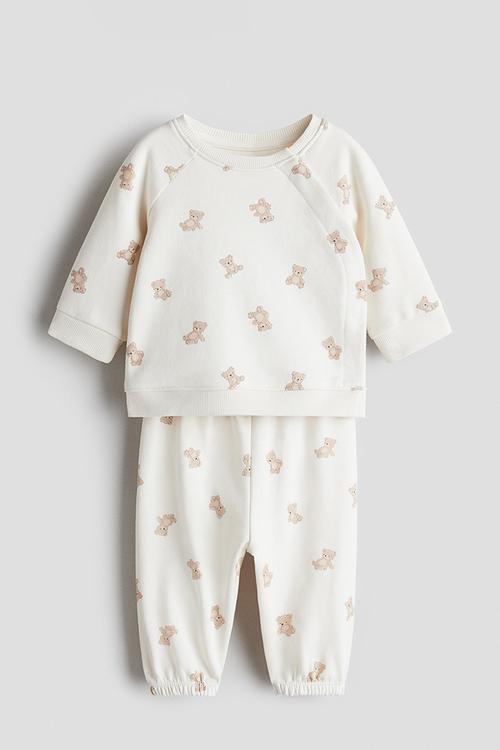 2-piece printed cotton set - cream/teddy bears