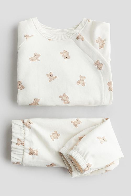 2-piece printed cotton set - cream/teddy bears