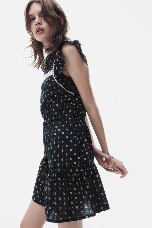 Lace-inset cotton dress - dark grey/patterned
