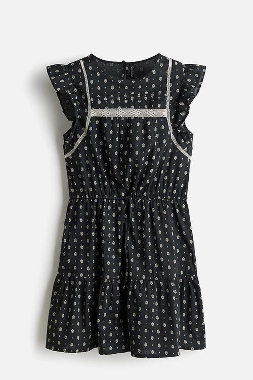 Lace-inset cotton dress - dark grey/patterned