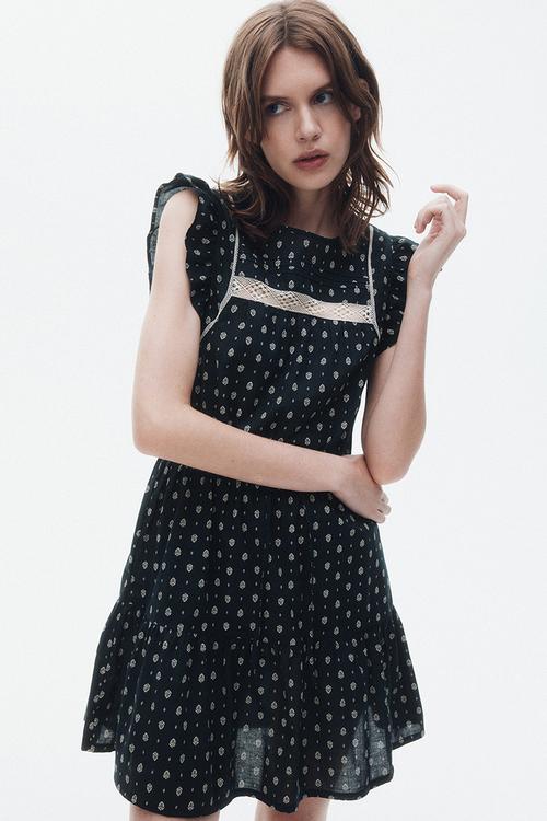 Lace-inset cotton dress - dark grey/patterned