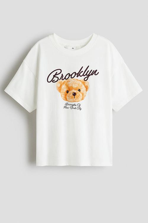 Print-motif cotton T-shirt - white/teddy bear